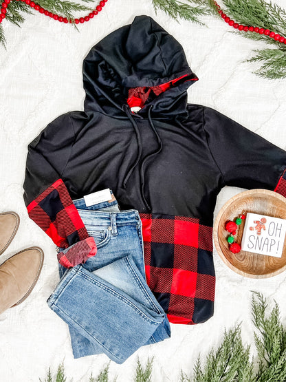 Color Block Hoodie In Red & Black Plaid