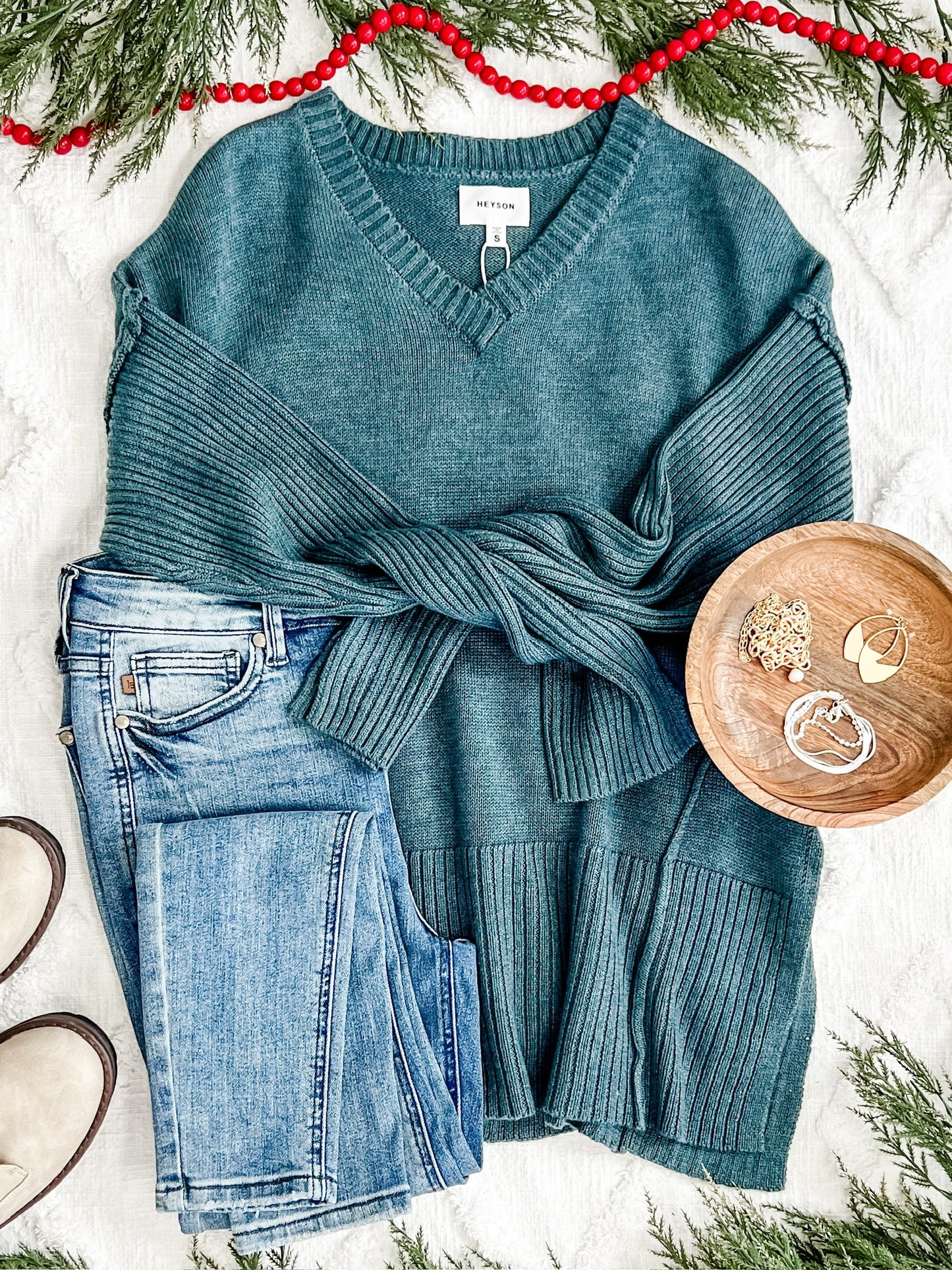 V Neck Knit Sweater In Dusty Teal