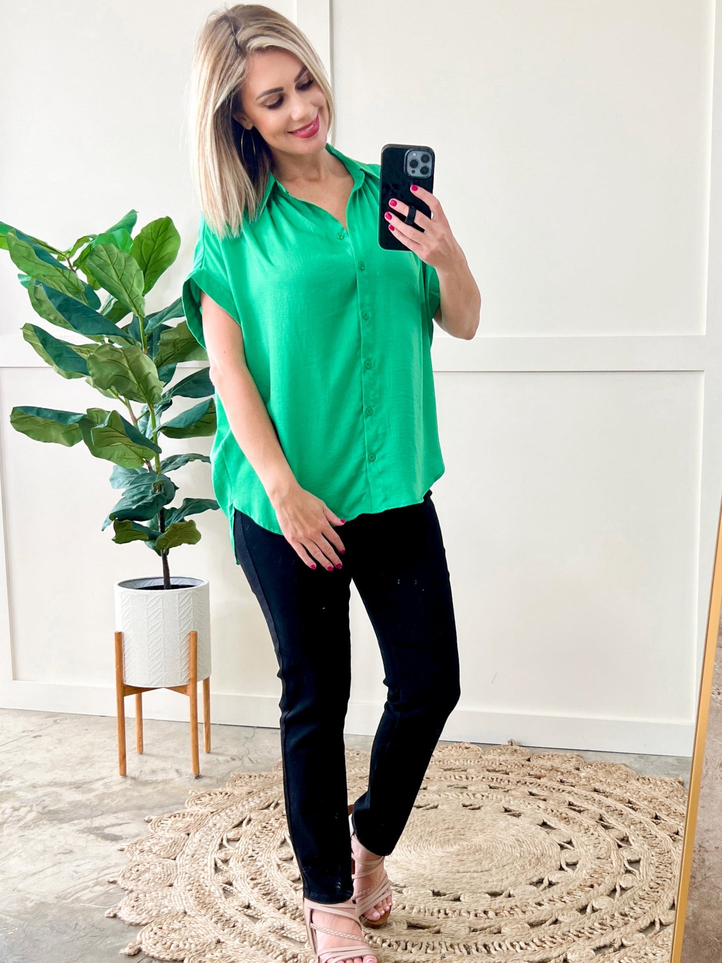 Silky Button Front Blouse In Emerald Green