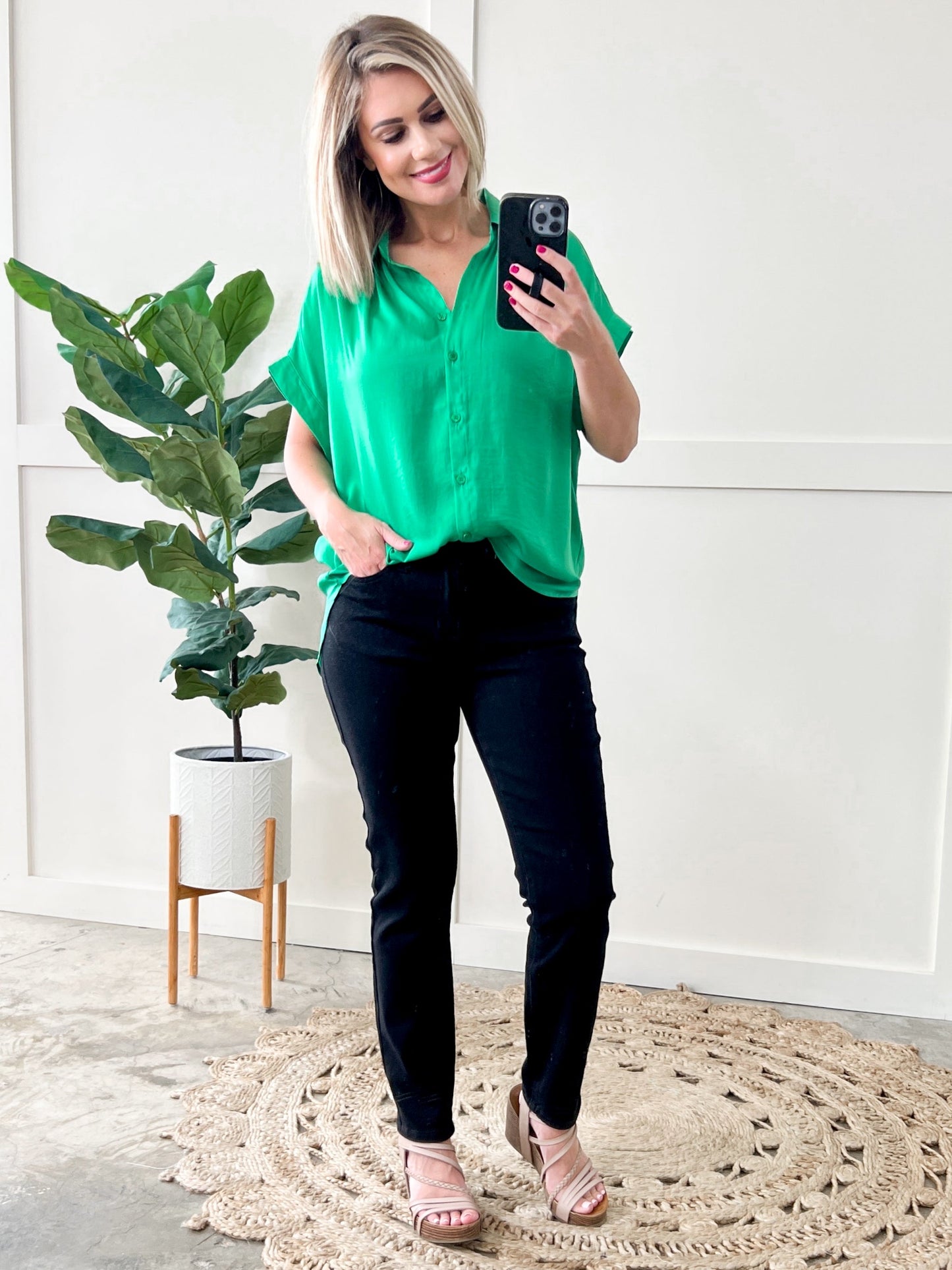 Silky Button Front Blouse In Emerald Green