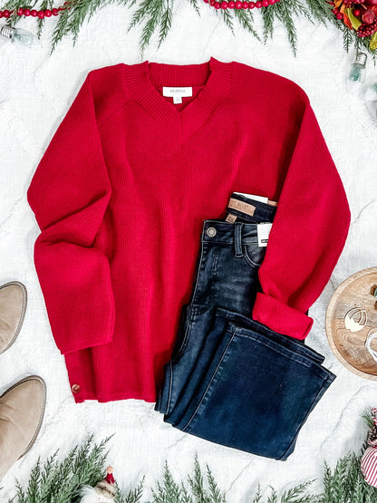 Neck Knit Sweater With Side Button Detail In Red