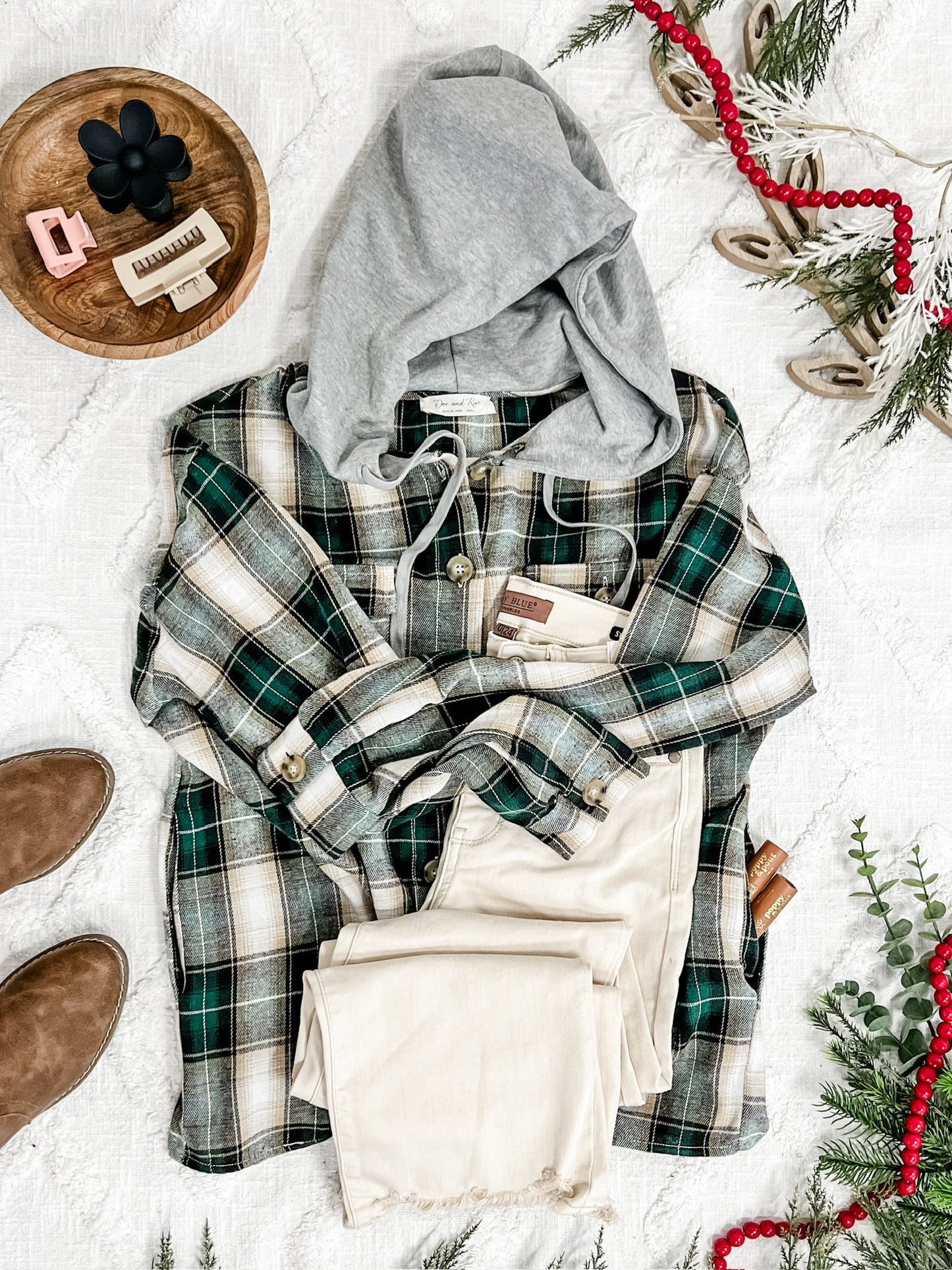 Plaid Hooded Top In Hunter Green & Gold Neutrals