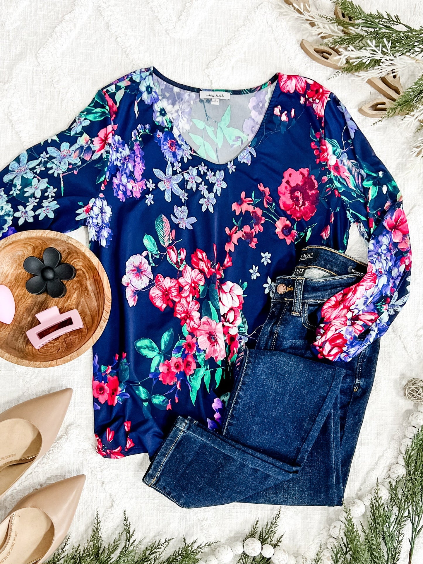 Stretchy Scoop Neck Top In Navy & Pink/Purple Florals