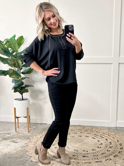 Dolman Sleeve Button Henley Top in Deep Montana Midnight