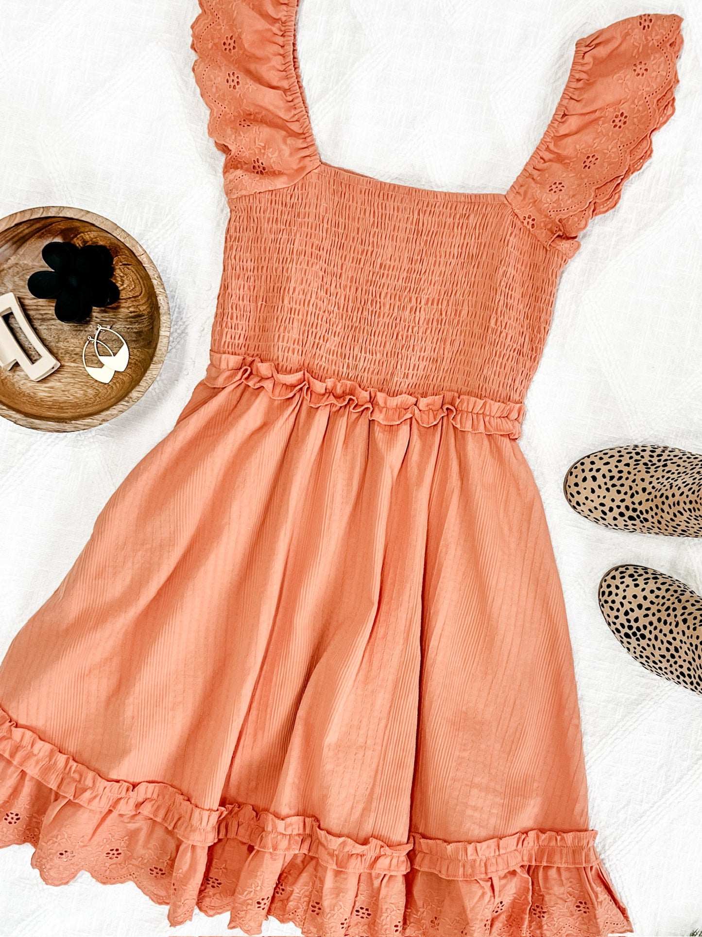 Apricot Smocked Dress With Eyelet Detail Flutter Sleeve