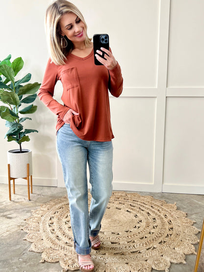 Soft Touch V Neck Top In Amber Glow