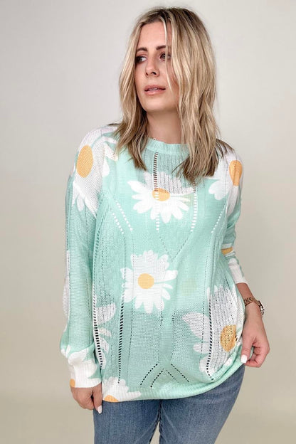 Davi & Dani Daisy Print Crew Neck Loose Knit Top