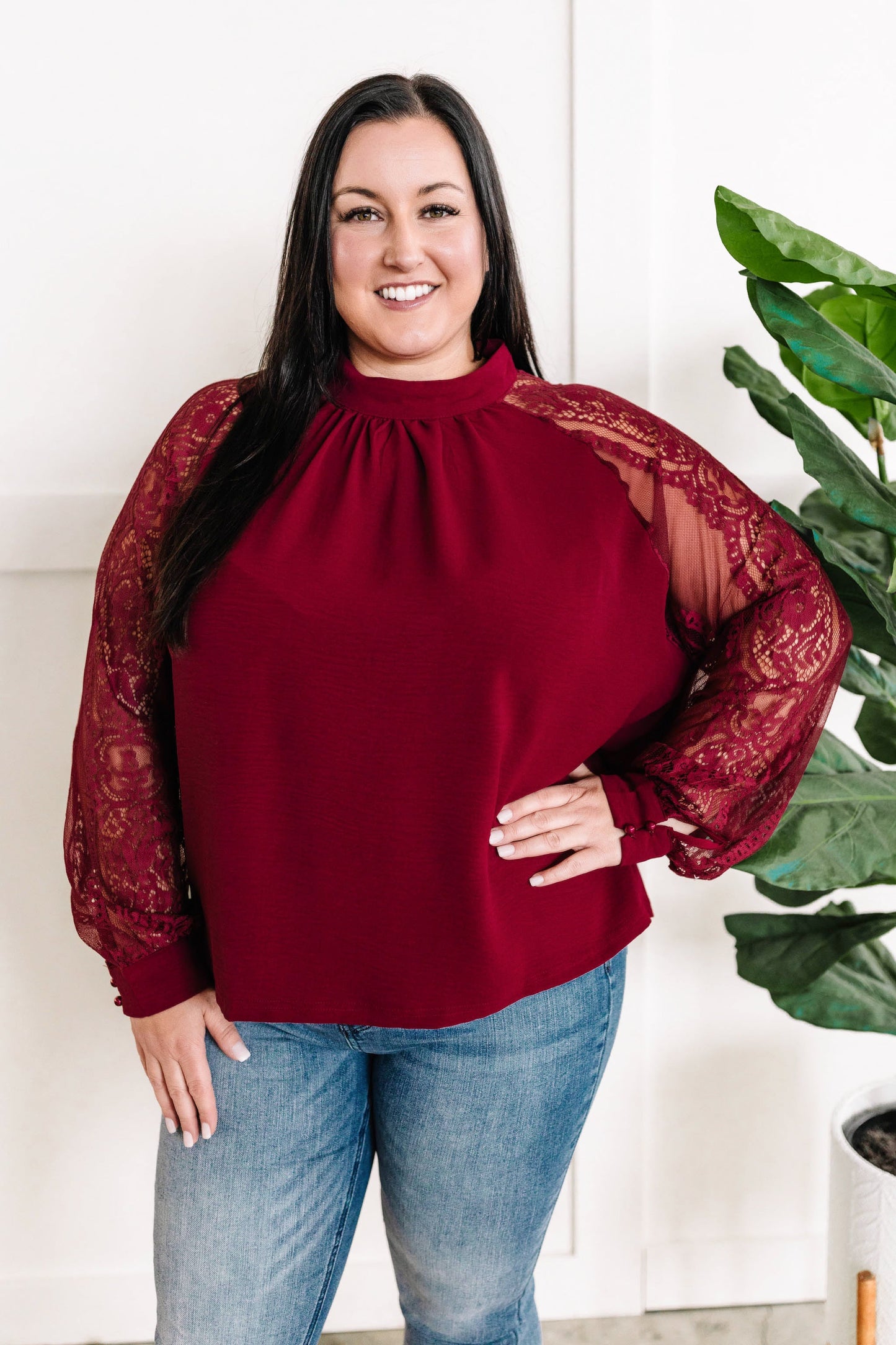 Mock Neck Blouse With Lace Detailed Sleeves In Berry