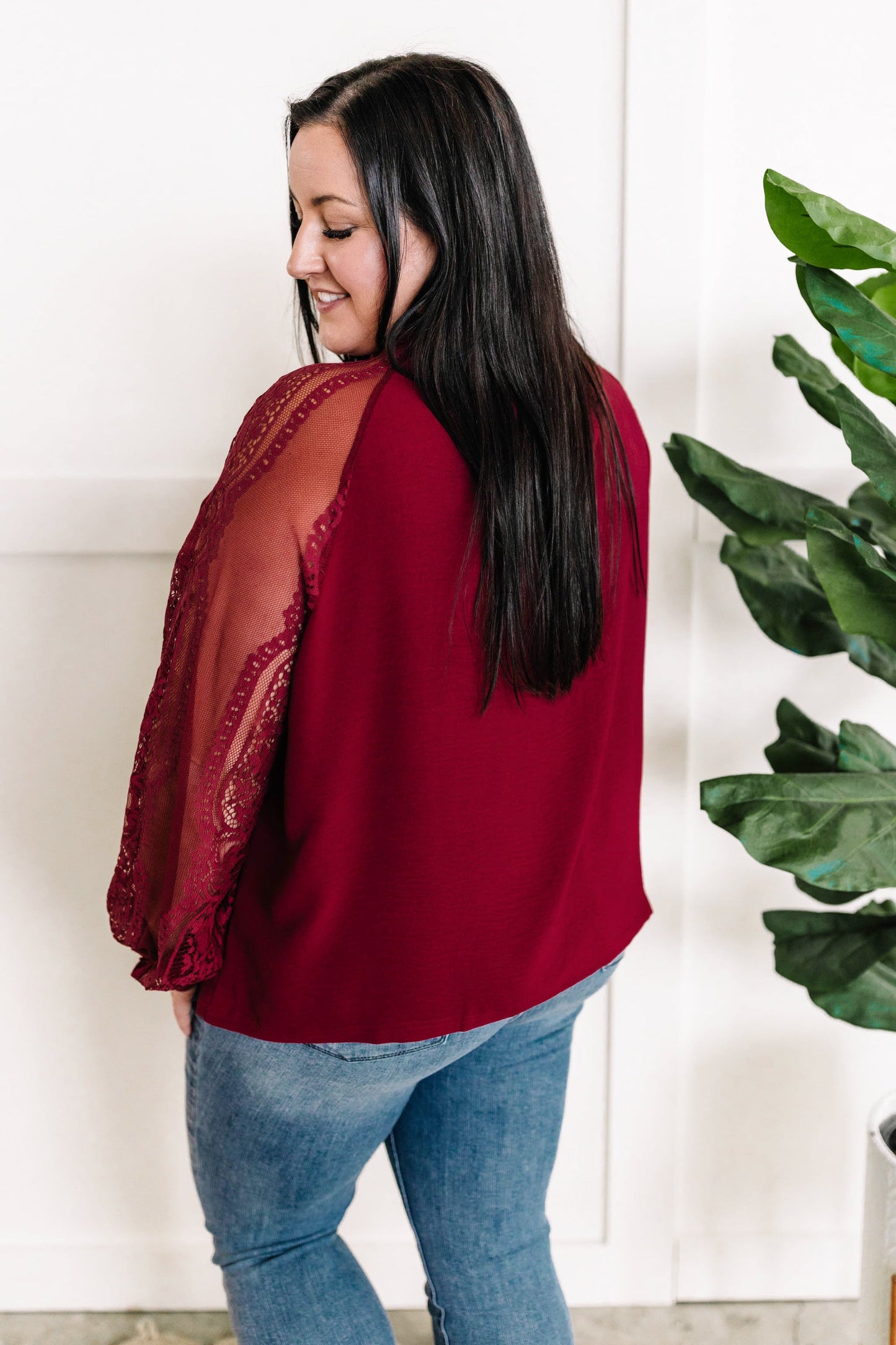 Mock Neck Blouse With Lace Detailed Sleeves In Berry