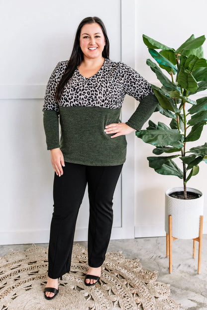 Olive Color Block Top In Snow Leopard