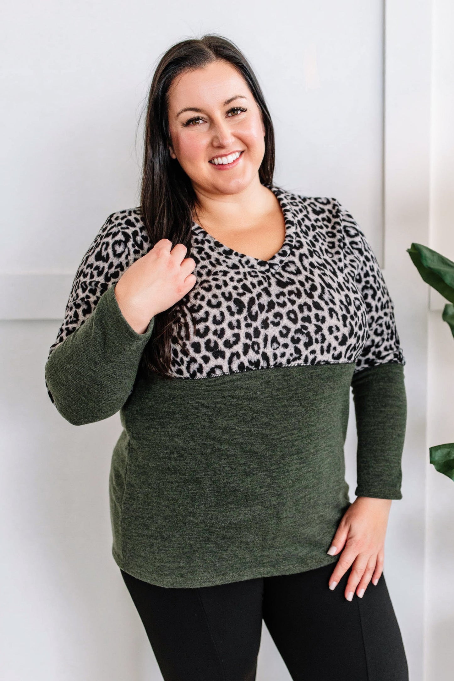 Olive Color Block Top In Snow Leopard