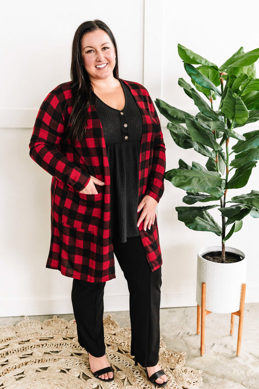 Open Front Cardigan In Buffalo Plaid