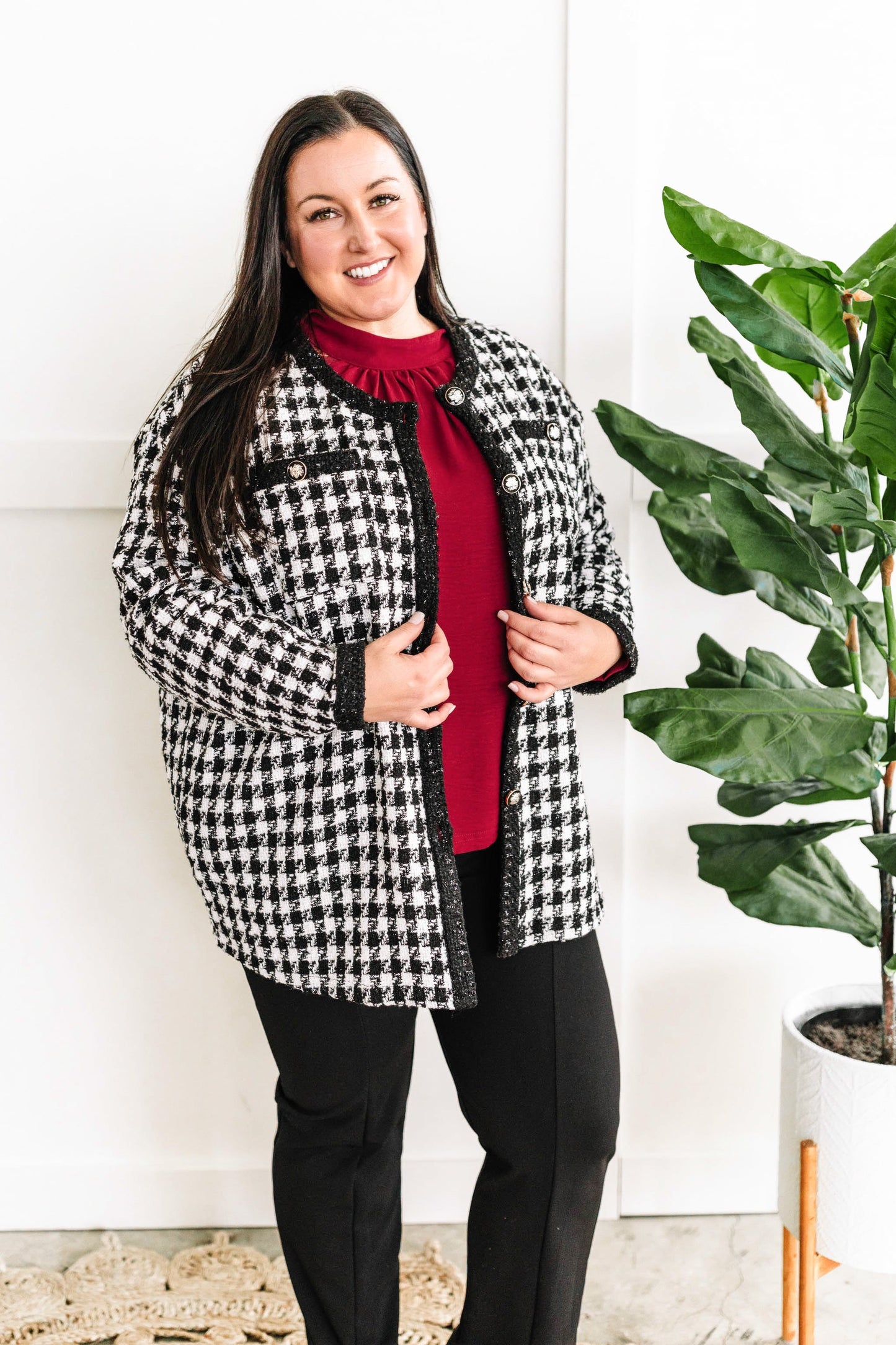 Black & White Houndstooth Knit Jacket In Christmas Carol