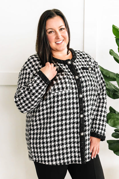 Black & White Houndstooth Knit Jacket In Christmas Carol