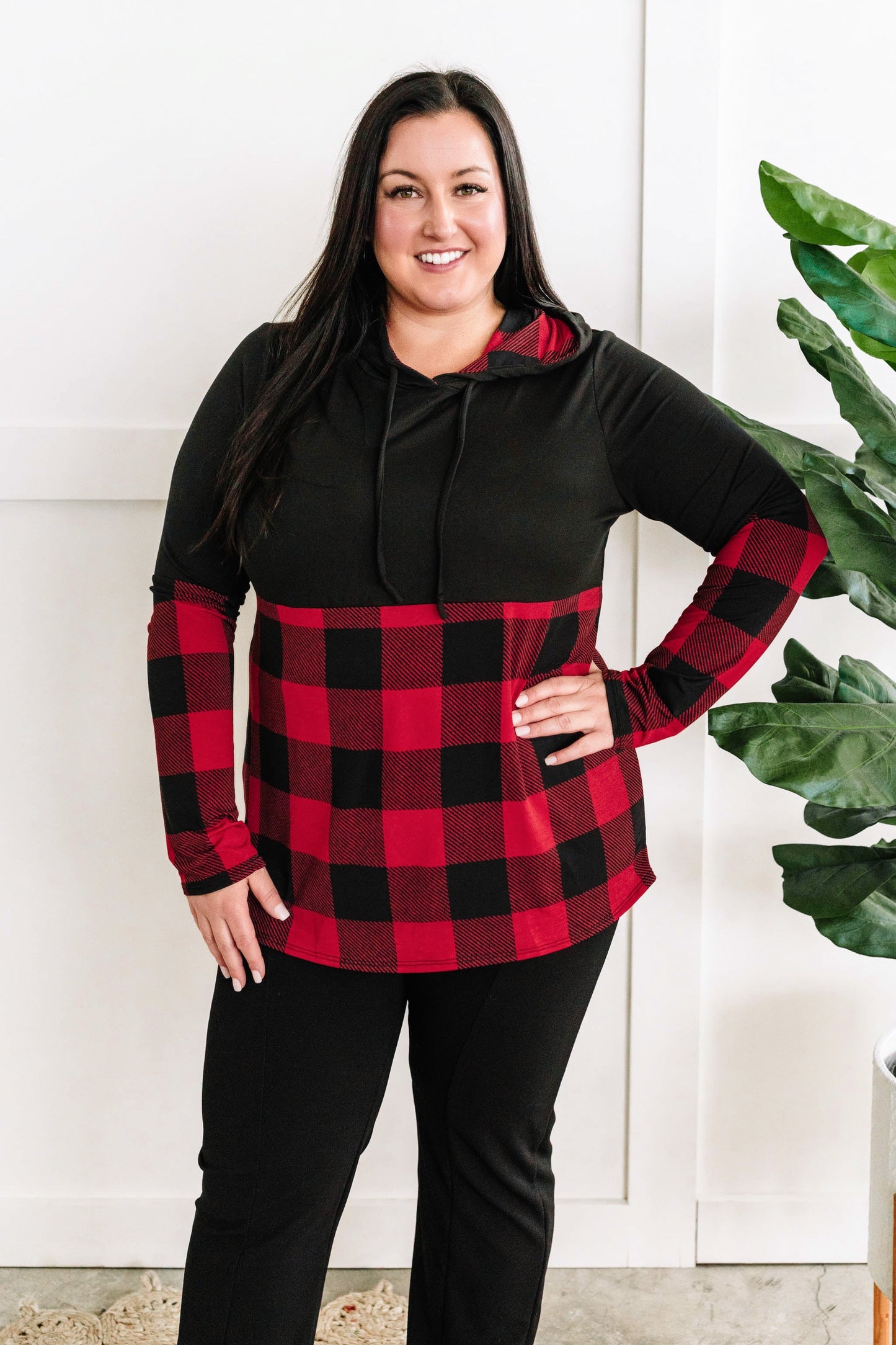 Color Block Hoodie In Red & Black Plaid