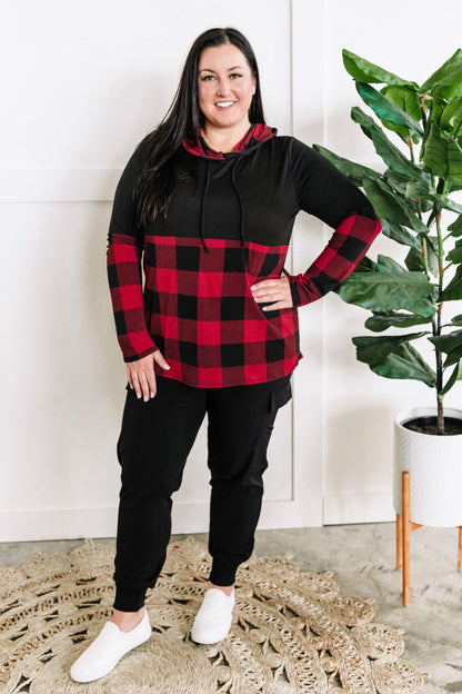 Color Block Hoodie In Red & Black Plaid