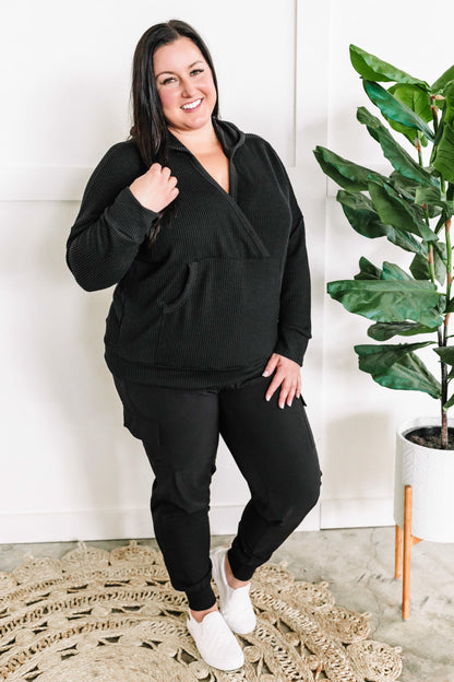 Dolman Hooded Top With Kangaroo Pocket In Black