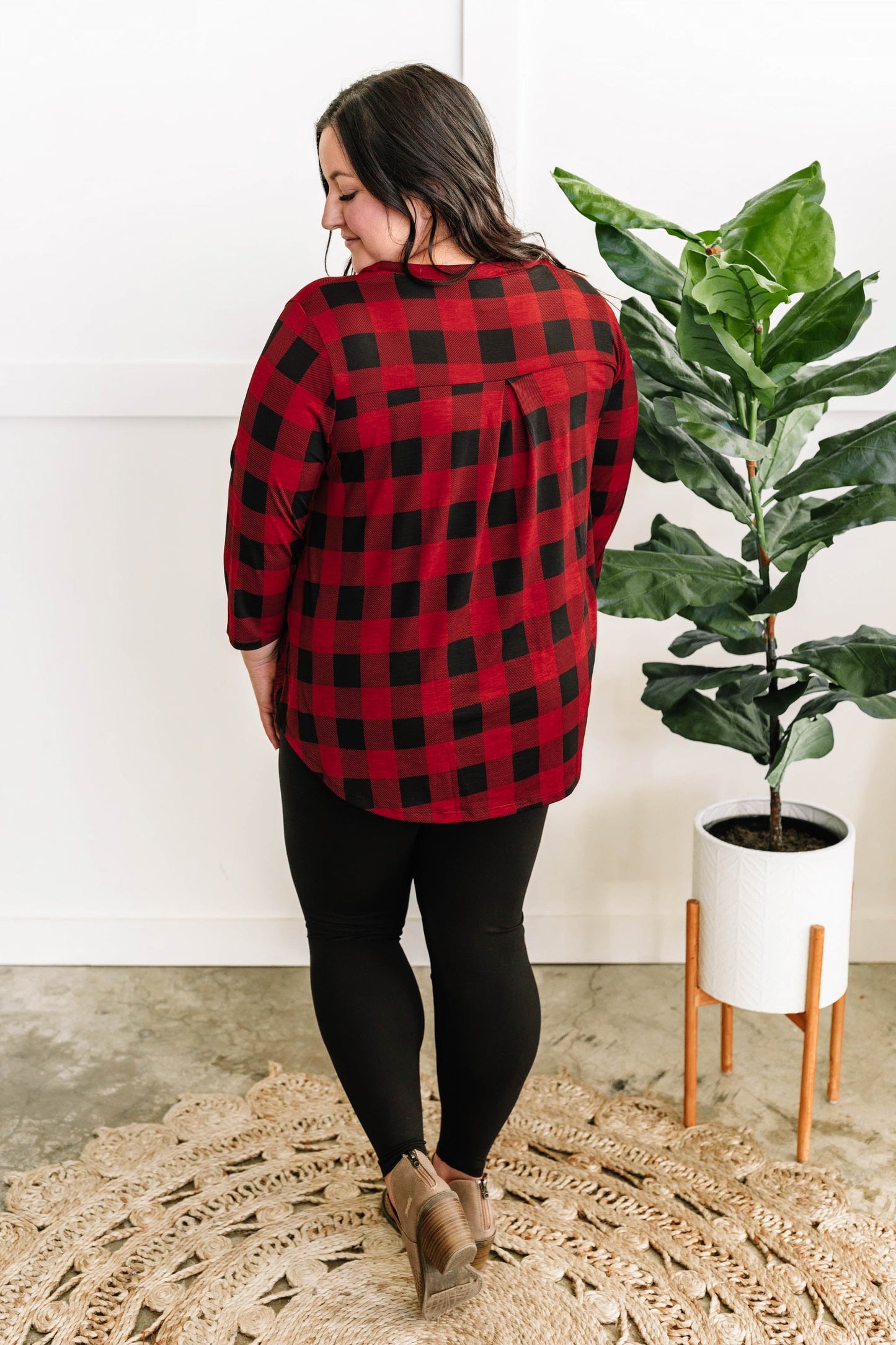 Stretchy Gabby Front Top In Red Buffalo Plaid