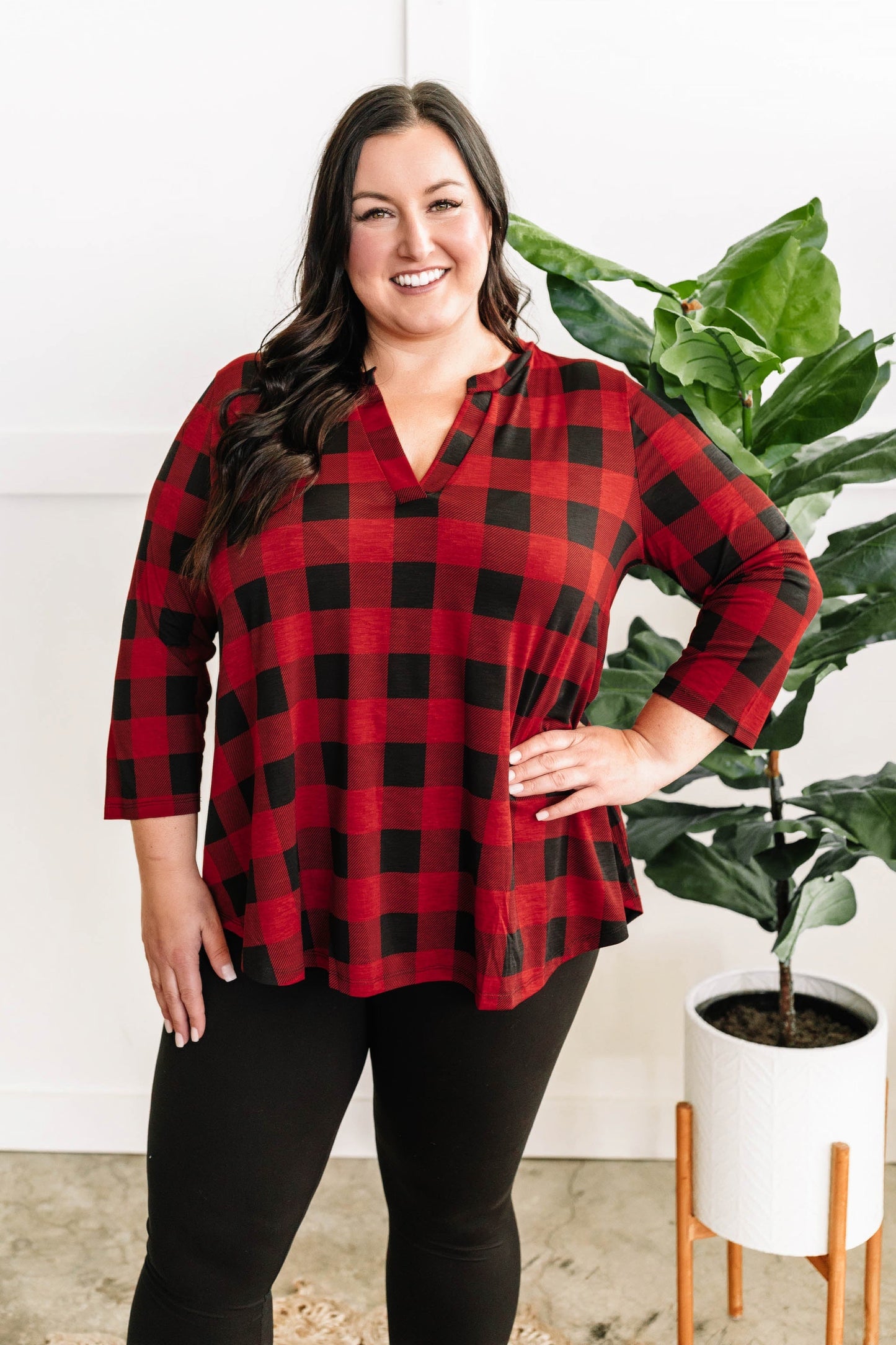 Stretchy Gabby Front Top In Red Buffalo Plaid