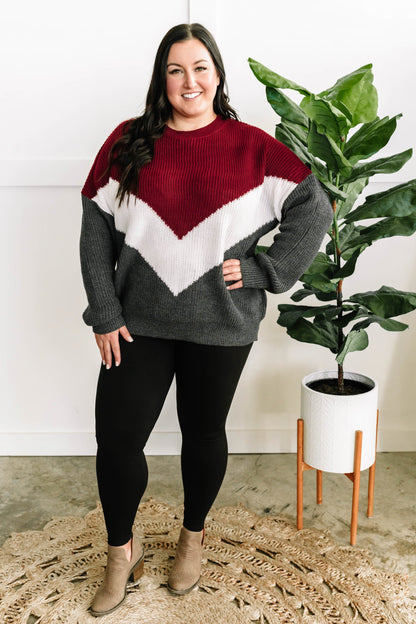 Cozy Knit Sweater In Burgundy White & Grey Chevron