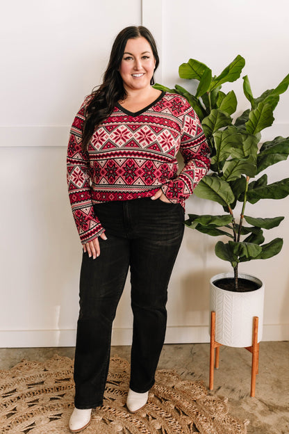 V Neck Sweater Knit Top In Red Snowflake