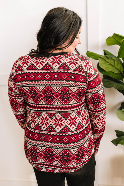 V Neck Sweater Knit Top In Red Snowflake