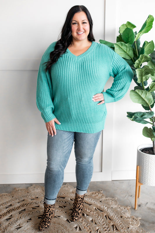 Open Knit V Neck Sweater In Aqua