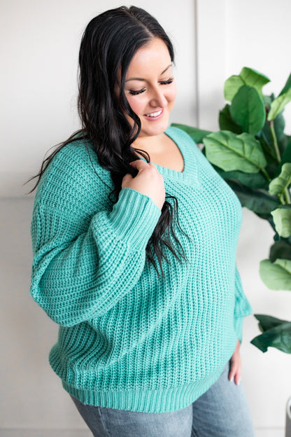 Open Knit V Neck Sweater In Aqua