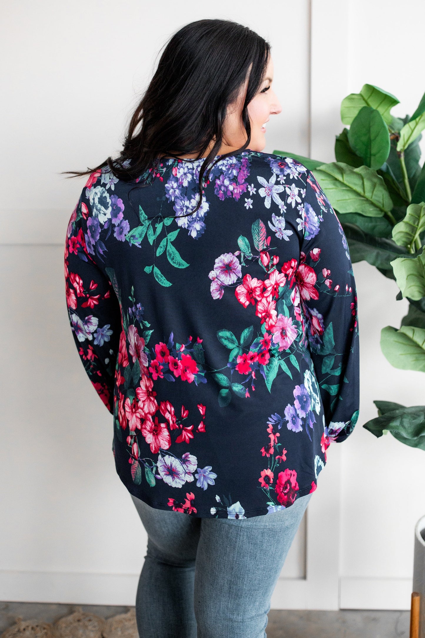 Stretchy Scoop Neck Top In Navy & Pink/Purple Florals