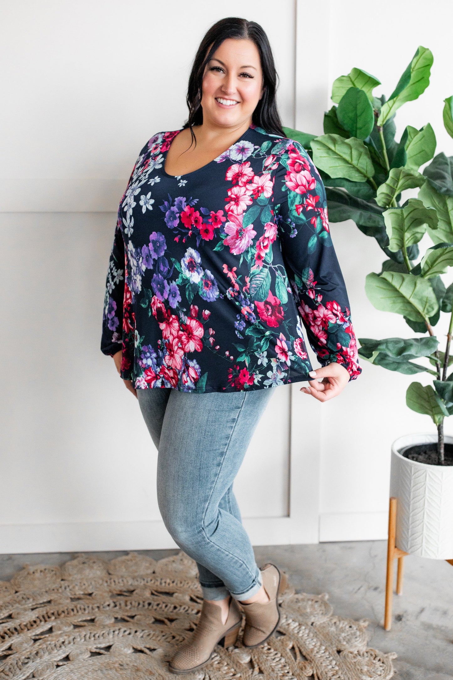 Stretchy Scoop Neck Top In Navy & Pink/Purple Florals