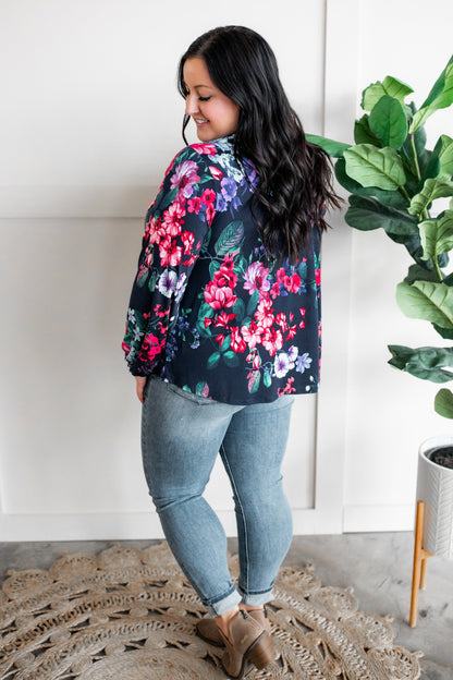 Stretchy Scoop Neck Top In Navy & Pink/Purple Florals