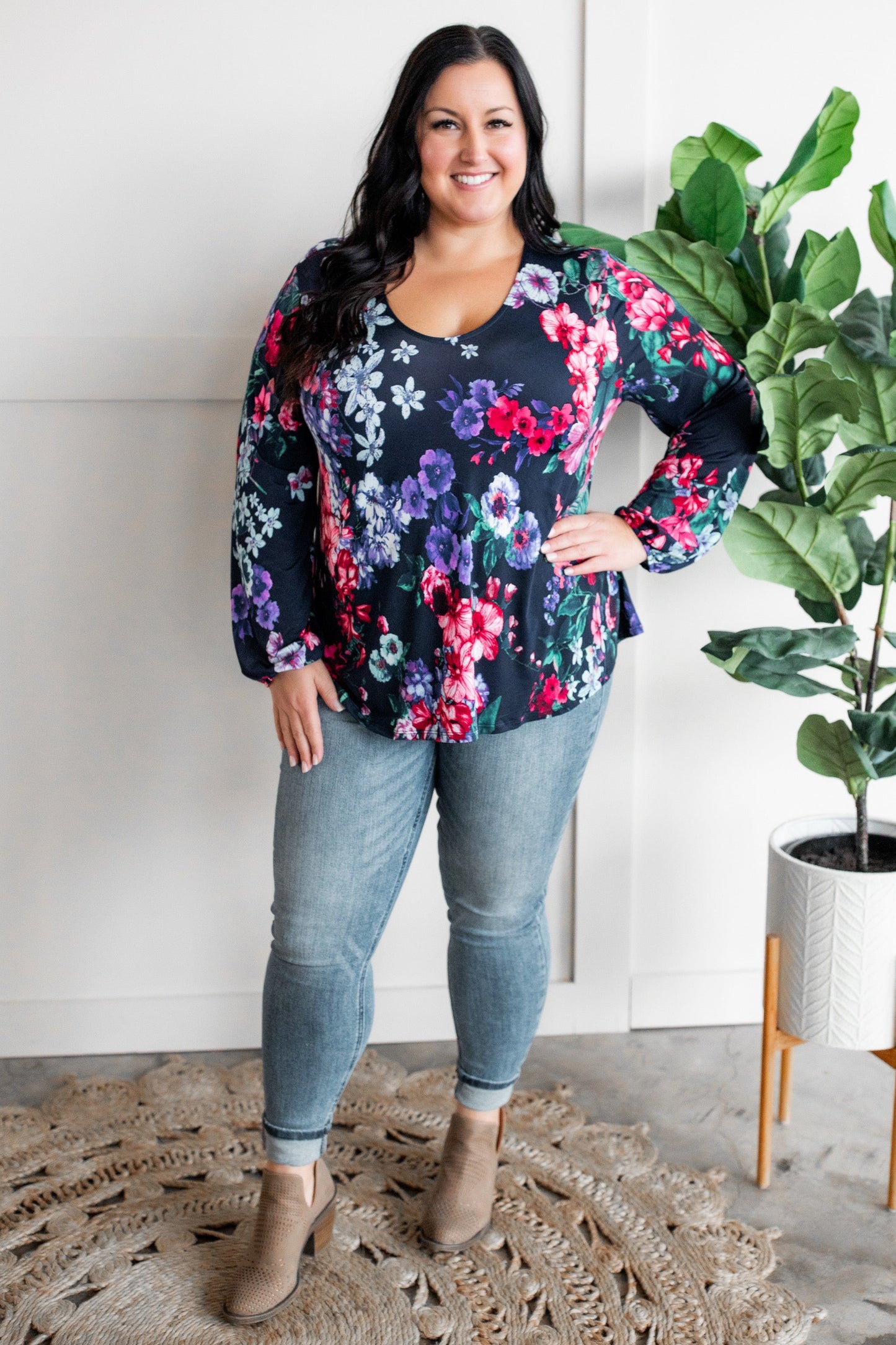 Stretchy Scoop Neck Top In Navy & Pink/Purple Florals