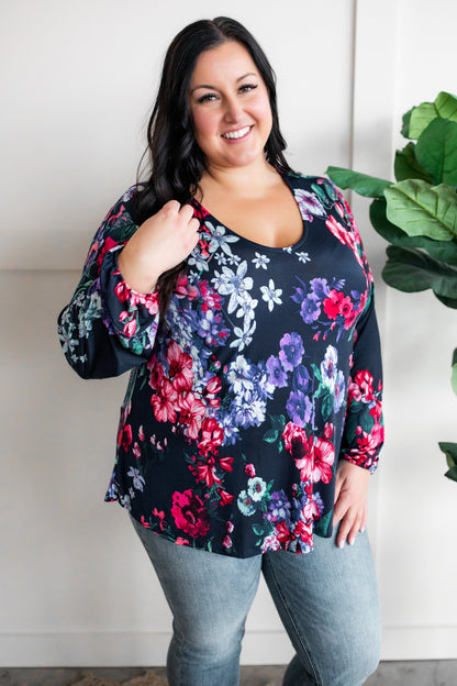 Stretchy Scoop Neck Top In Navy & Pink/Purple Florals