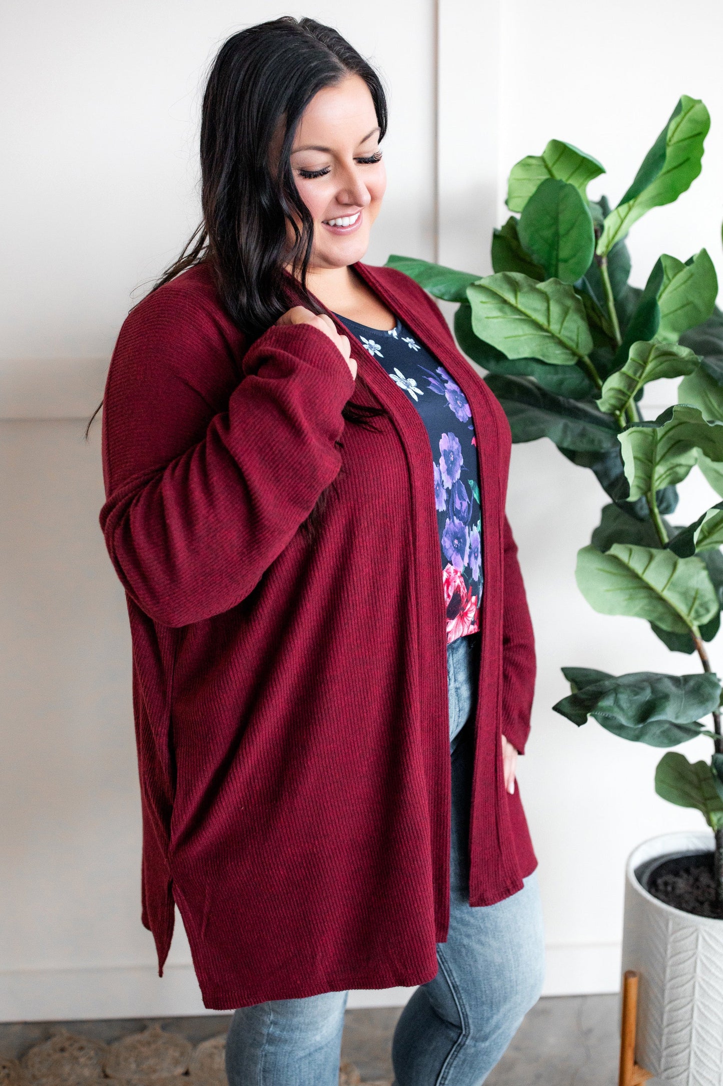 Cashmere Soft Open Front Cardigan With Pockets In Deep Heathered Burgundy