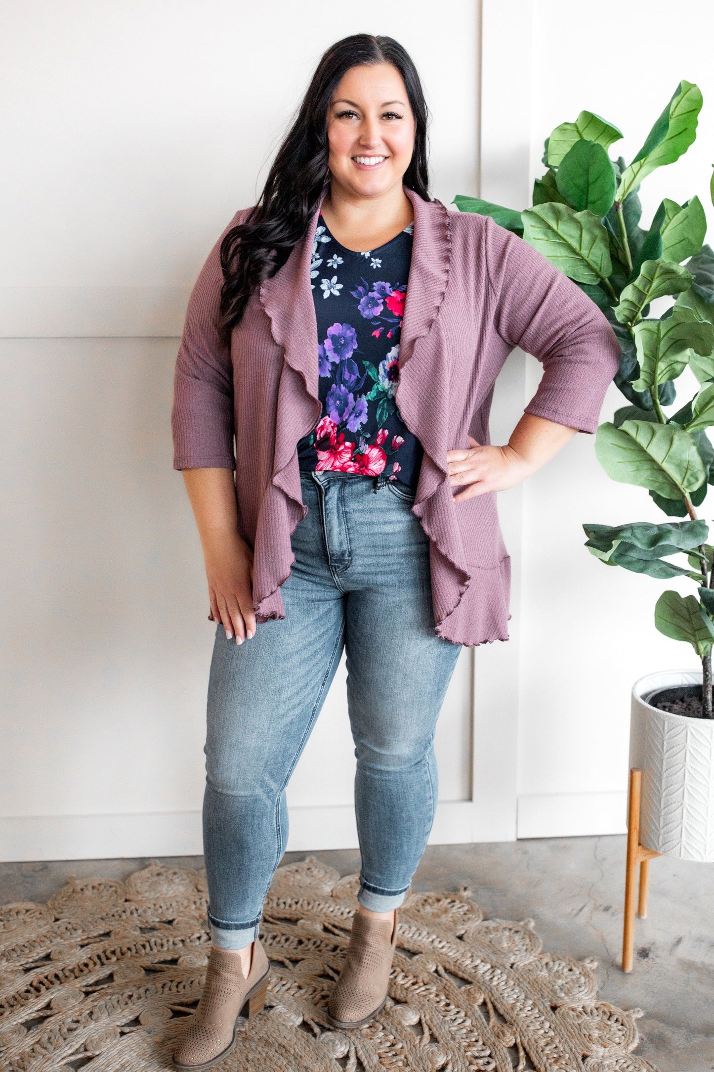 Open Front Ruffle Cardigan In Amethyst