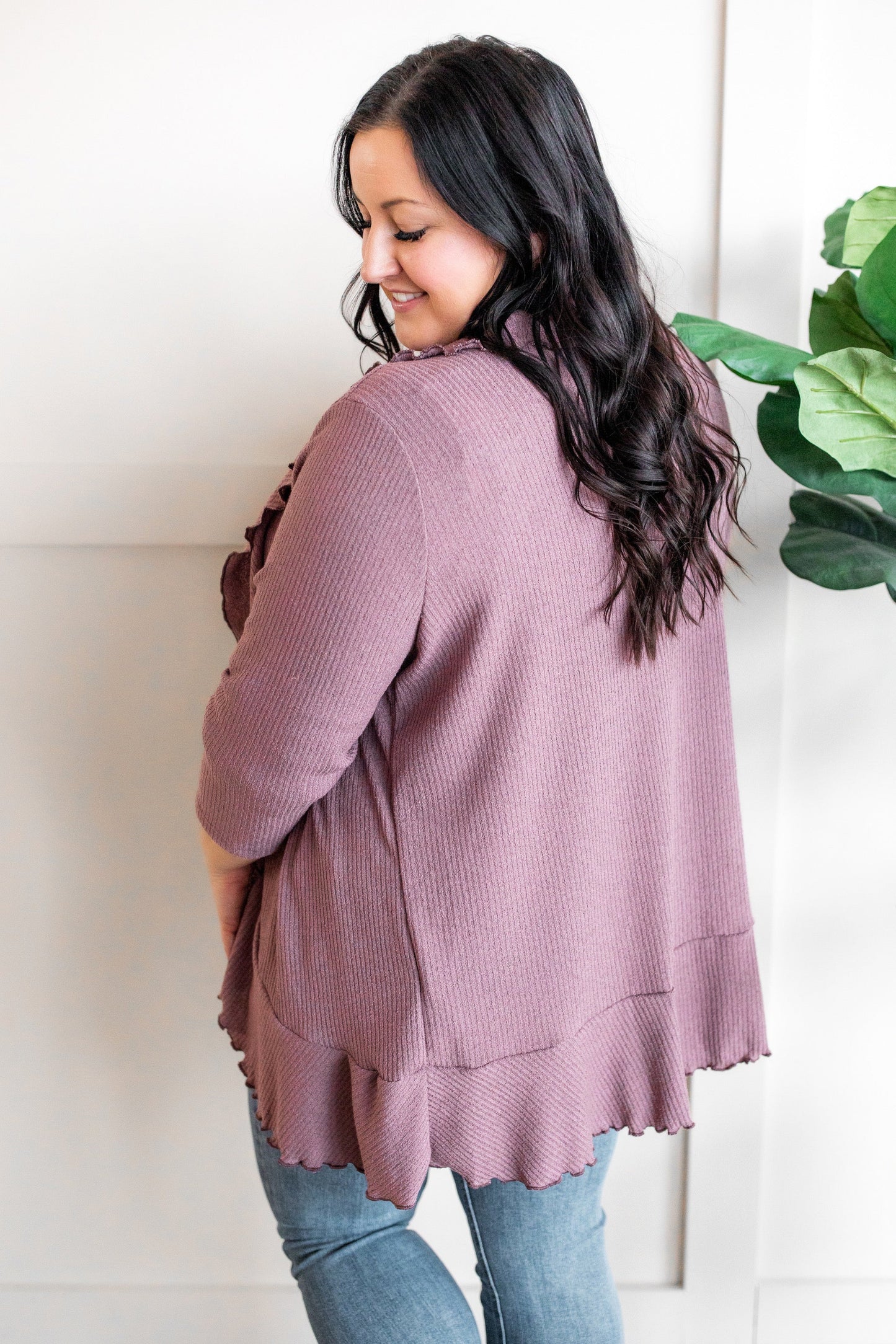 Open Front Ruffle Cardigan In Amethyst