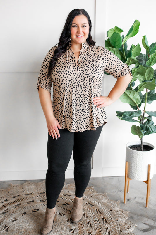 Gabby Front Top With Button Sleeve Detail In Leopard