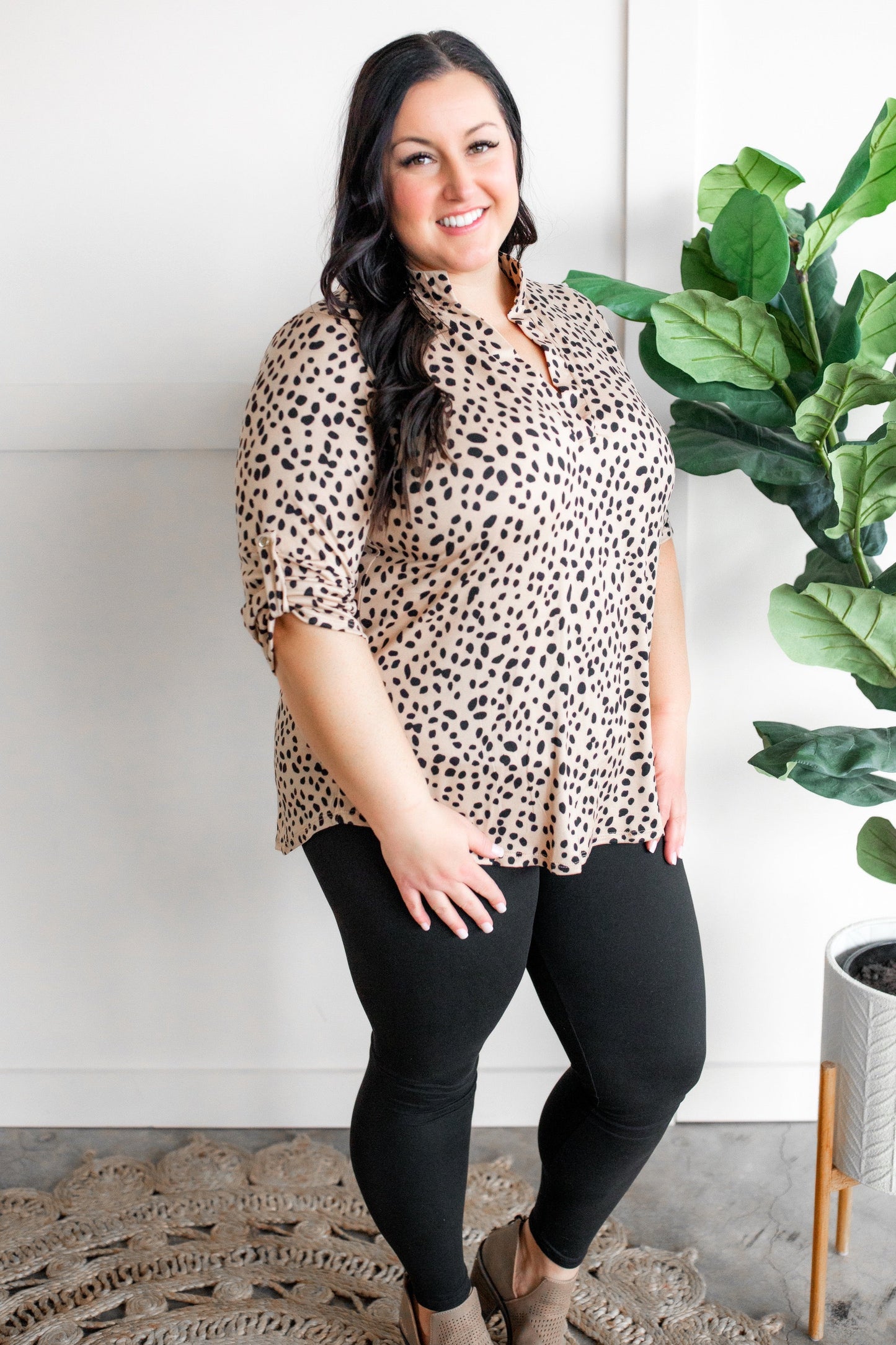 Gabby Front Top With Button Sleeve Detail In Leopard