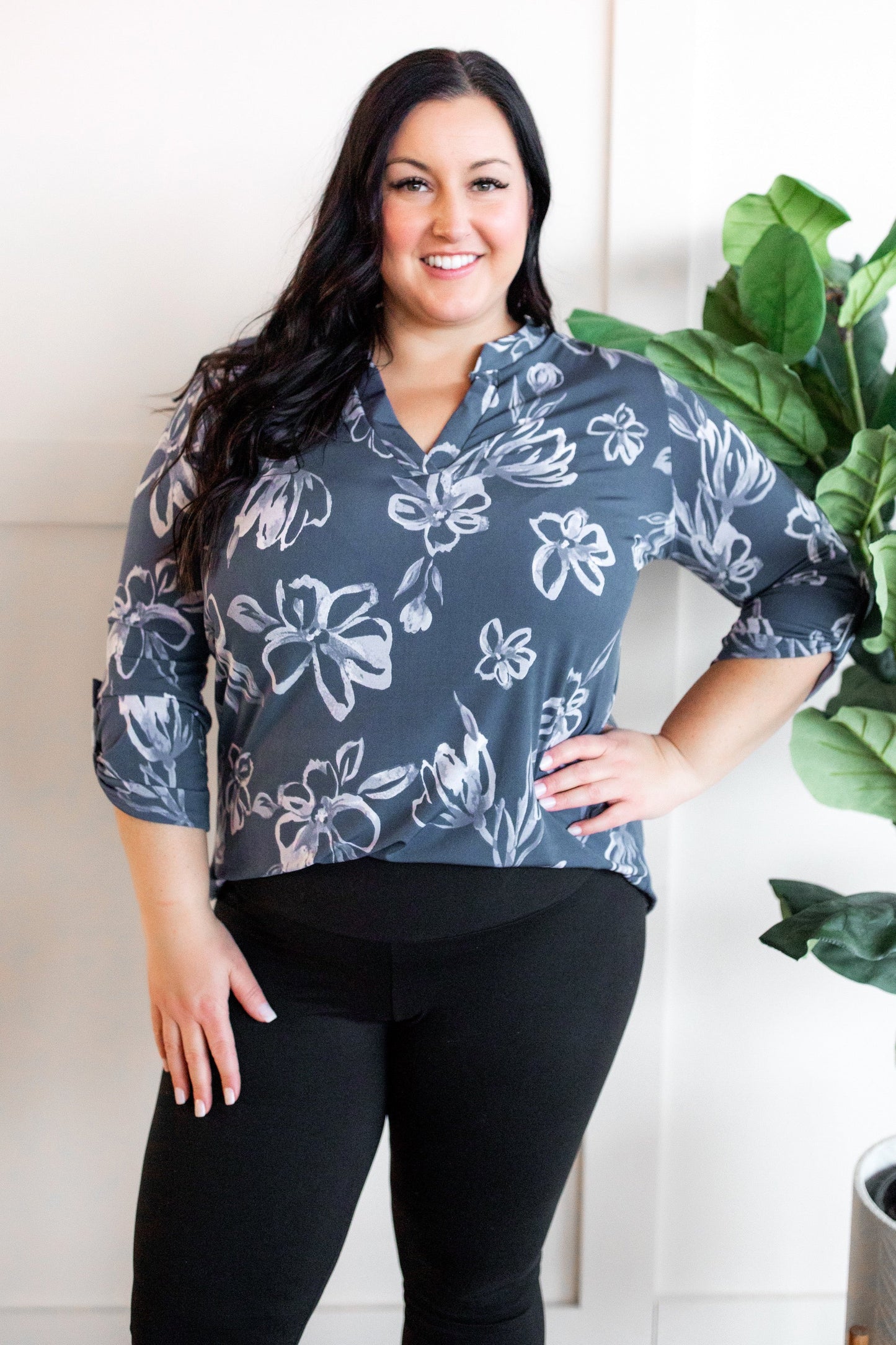 Gabby Front Top With Button Sleeve Detail In Silver Slate Blue Florals