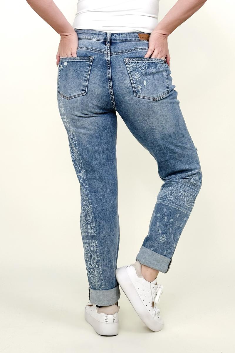 Judy Blue Mid-Rise Destroy & Paisley Print Boyfriend Jeans