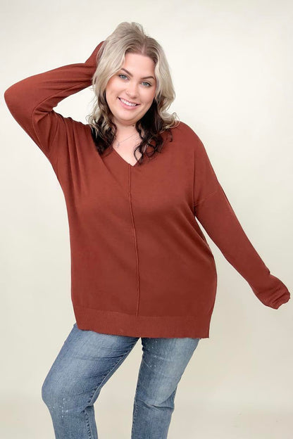 Zenana Hi-Low Hem V Neck Knit Top