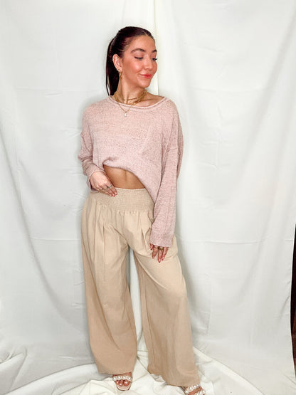 Tan Wide Leg Linen Like Pant