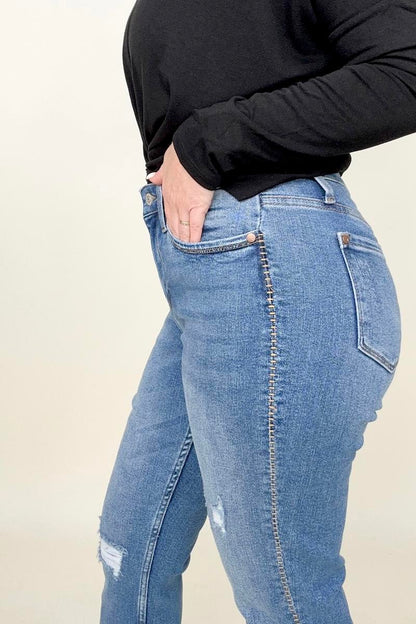 Judy Blue Embroidered Boyfriend Jeans with Side Seam Stitch