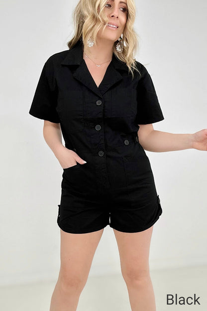 Zenana Woven Cotton Button Front Shirt Romper