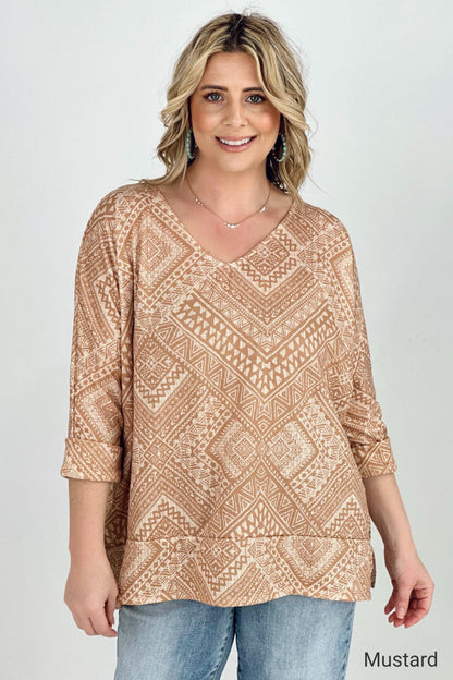 BiBi Aztec Print French Terry V Neck Top