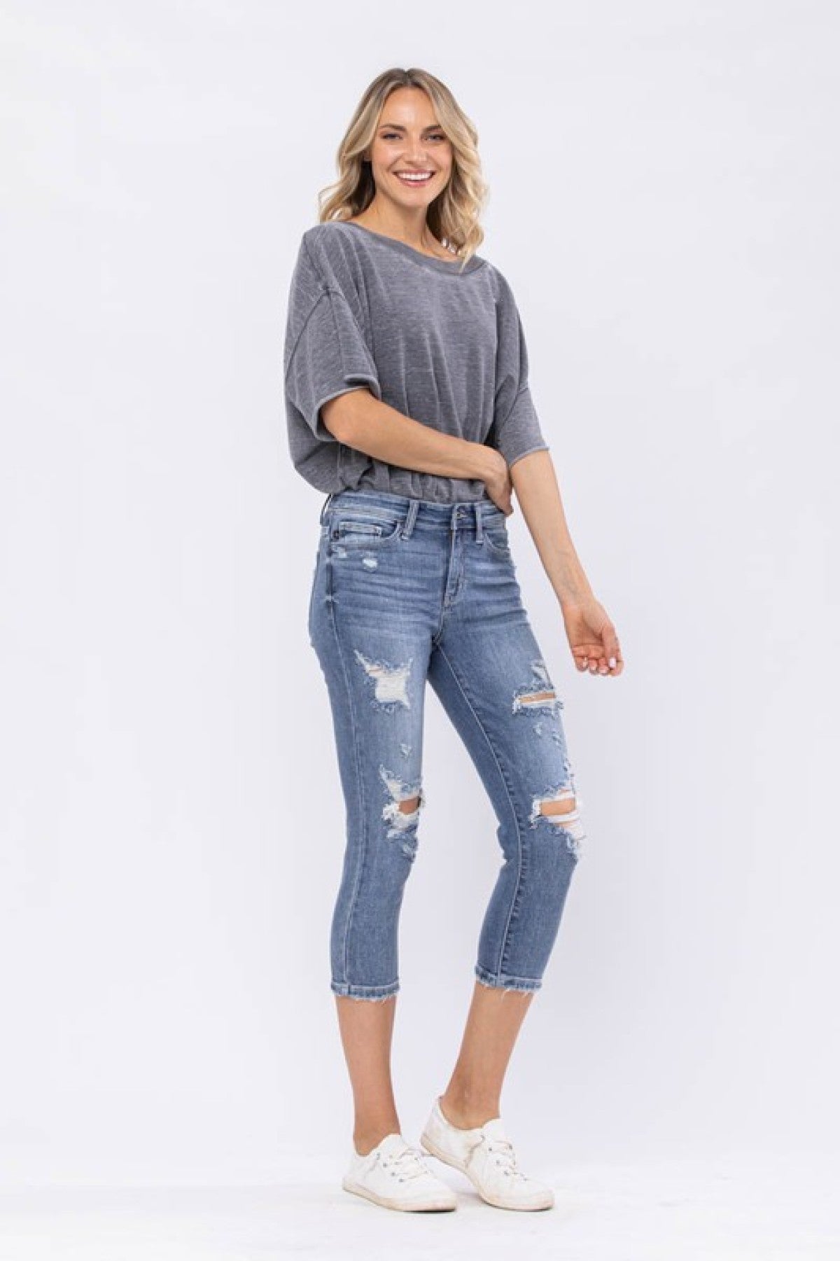 Judy Blue Mid-Rise Destroyed Denim Capri