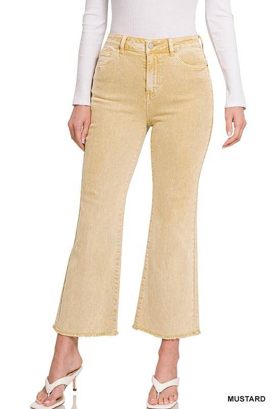 Zenana Acid Washed High Waist Frayed Hem Cropped Kick Flare Jeans