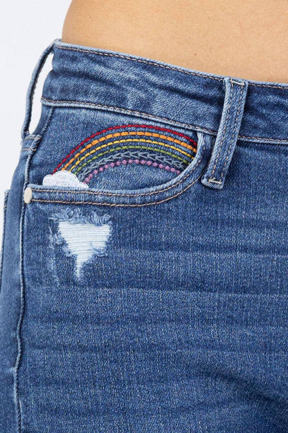 Judy Blue High Rise Rainbow Embroidery Cropped Straight Leg Jeans