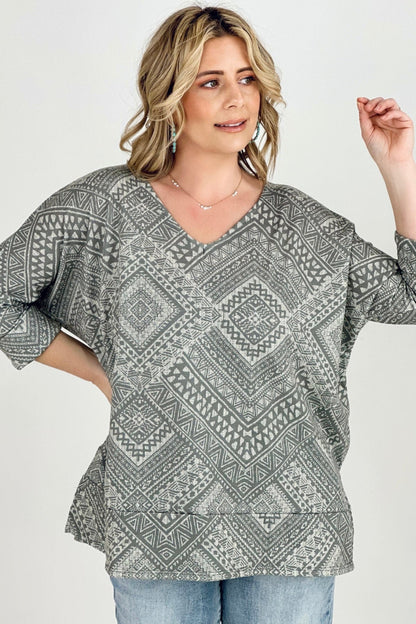 BiBi Aztec Print French Terry V Neck Top