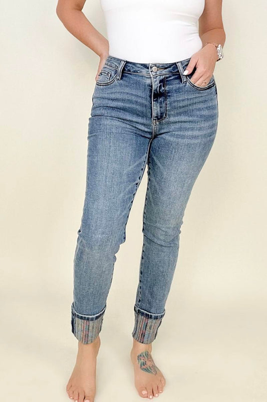 Judy Blue High Waist South Western Print Cuffed Relaxed Fit Jeans